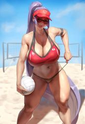 Rule 34 | 1girl, bare shoulders, beach, bikini, blue sky, breasts, cleavage, collarbone, commentary, english commentary, eu03, fate/grand order, fate (series), huge breasts, jpeg artifacts, long hair, looking at viewer, minamoto no raikou (fate), mismatched bikini, navel, open mouth, parted bangs, ponytail, purple eyes, purple hair, realistic, revision, shuten douji (fate), sky, smile, solo, standing, sunglasses, swimsuit, thick thighs, thighs, very long hair, visor cap