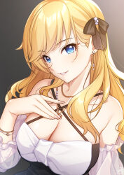 Rule 34 | 1girl, black background, blonde hair, blue eyes, bracelet, breasts, brown ribbon, cleavage, commentary, detached sleeves, earrings, fingernails, gradient background, hair ribbon, highres, idolmaster, idolmaster cinderella girls, jewelry, large breasts, long hair, looking at viewer, mikapoe, necklace, ohtsuki yui, parted lips, ribbon, smile, solo, upper body, white sleeves