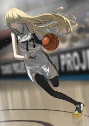 Rule 34 | 1girl, 38 (sanjuuhachi), absurdres, ball, basketball, basketball (object), basketball court, basketball uniform, black leggings, blonde hair, blurry, blurry background, breasts, bright pupils, clothes writing, elbow sleeve, floating hair, highres, holding, holding ball, kirisame marisa, leggings, light particles, long hair, medium breasts, parted lips, reflective floor, running, serious, shoes, sneakers, solo, sportswear, standing, standing on one leg, touhou, white pupils, yellow eyes, yin yang, yin yang print