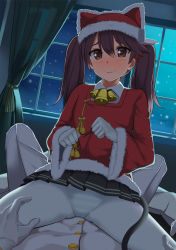 Rule 34 | 10s, 1boy, 1girl, adapted costume, admiral (kancolle), animal ears, bell, black skirt, blush, brown eyes, brown hair, cat ears, christmas, gloves, hal 2001lop91, hat, highres, kantai collection, long hair, looking at viewer, panties, panties under pantyhose, pantyhose, ryuujou (kancolle), santa hat, skirt, smile, striped clothes, striped panties, twintails, underwear, white gloves, white pantyhose, window