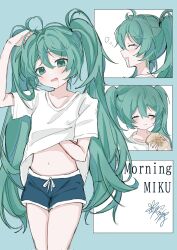 Rule 34 | 1girl, aqua eyes, aqua hair, arm up, blue background, blue shorts, blush, bread, bread slice, dolphin shorts, eating, food, hand on own head, hatsune miku, highres, holding, holding food, long hair, looking at viewer, miku day, multiple views, navel, open mouth, saliva, shirt, shorts, simple background, squeans, t-shirt, toast, twintails, vocaloid, white shirt, yukia 1128