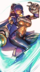 Rule 34 | 1girl, android, blunt bangs, breasts, clothing cutout, commentary, dark-skinned female, dark skin, energy blade, energy sword, english commentary, hair over one eye, headgear, hime cut, holding, holding weapon, jumping, large breasts, layer (mega man), long hair, mega man (series), mega man x (series), minster (dooke), mole, mole under eye, navel, open mouth, purple hair, robot ears, simple background, solo, sword, underboob, underboob cutout, weapon
