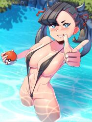 Rule 34 | 1girl, alternate breast size, aqua eyes, arm up, asymmetrical bangs, black hair, black slingshot swimsuit, blush, breasts, cleft of venus, collarbone, cowboy shot, creatures (company), day, earrings, female pubic hair, finger gun, game freak, grin, groin, hair ribbon, heart, heart-shaped pupils, highres, holding, holding poke ball, jewelry, kagato007, long hair, looking at viewer, marnie (pokemon), medium breasts, navel, nintendo, outdoors, pointing, pointing at viewer, poke ball, poke ball (basic), pokemon, pokemon swsh, pubic hair, ribbon, slingshot swimsuit, smile, solo, stomach, stud earrings, swimsuit, symbol-shaped pupils, teeth, twintails, wading, water
