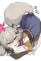 Rule 34 | 1girl, absurdres, ahoge, all fours, animal ears, blue archive, blue skirt, blush, bridal gauntlets, fang, grey hair, hair ornament, halo, highres, long hair, looking at viewer, michiru (blue archive), neku01n, open mouth, raccoon ears, raccoon girl, raccoon tail, red halo, simple background, sketch, skin fang, skirt, smile, solo, tail, white background, yellow eyes