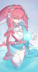 Rule 34 | 1girl, absurdres, ancient greek clothes, blue cloak, bracelet, cloak, closed eyes, closed mouth, colored skin, eyelashes, fins, fish girl, gills, highres, himation, hydrokinesis, jewelry, mearumie, mipha, monster girl, nintendo, no eyebrows, partially submerged, red skin, silver choker, smile, solo, the legend of zelda, the legend of zelda: breath of the wild, water, zora