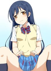 Rule 34 | 10s, 1girl, blue hair, blue panties, blush, breasts, clothes lift, embarrassed, frown, holding, long hair, love live!, love live! school idol project, panties, ribbon, school uniform, skirt, skirt lift, small breasts, socks, solo, sonoda umi, sweater vest, takayaki, underwear, yellow eyes