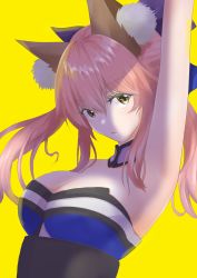 Rule 34 | 10s, 1girl, absurdres, animal ear fluff, animal ears, arm up, armpits, bare shoulders, blue bow, blue kimono, bow, breasts, cleavage, detached collar, fate/extra, fate (series), fox ears, fox girl, hair between eyes, hair bow, highres, japanese clothes, kimono, large breasts, long hair, looking at viewer, pink hair, sash, sidelocks, simple background, solo, suzu natsu, tamamo (fate), tamamo no mae (fate/extra), twintails, yellow background, yellow eyes