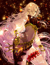 Rule 34 | 1girl, blue eyes, bracelet, breasts, cinderella (sinoalice), cleavage, closed mouth, confetti, dress, dutch angle, earrings, hair over one eye, hand on own hip, highres, jewelry, bridal garter, lipstick, long hair, looking at viewer, makeup, ojo aa, pink hair, signature, sinoalice, smug, very long hair
