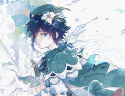Rule 34 | 1boy, androgynous, beret, black hair, blue hair, bow, braid, closed mouth, collared cape, commentary, english commentary, flower, frilled sleeves, frills, from side, genshin impact, gradient hair, green eyes, green hat, hair flower, hair ornament, hat, highres, holding, holding instrument, instrument, leaf, long sleeves, looking at viewer, lyre, male focus, mokoppe, multicolored hair, shirt, short hair with long locks, sidelocks, simple background, slit pupils, solo, twin braids, venti (genshin impact), water, white background, white flower, white shirt