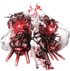 Rule 34 | 10s, 1girl, abyssal ship, akira (kadokawa), breasts, colored skin, fire, full body, hair censor, hair over one eye, kantai collection, long hair, machinery, navel, official art, red eyes, sidelocks, single thighhigh, solo, southern ocean war princess, thigh strap, thighhighs, topless, transparent background, turret, twintails, very long hair, white hair, white skin