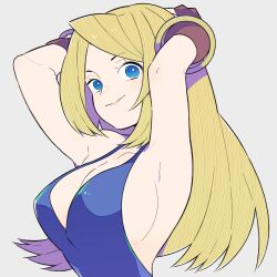 1girl armpits arms_behind_head blonde_hair blue_eyes breasts cleavage dress fatal_fury garou:_mark_of_the_wolves highres jenet_behrn large_breasts long_hair looking_at_viewer sideboob smile snk solo the_king_of_fighters