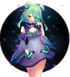 Rule 34 | 1girl, animal, animal on hand, bow, breasts, bug, butterfly, closed mouth, detached sleeves, double bun, dress, green hair, hair bow, hair bun, hand up, highres, hololive, insect, juliet sleeves, long sleeves, looking at viewer, puffy sleeves, purple bow, purple dress, purple sleeves, red eyes, rukinya (nyanko mogumogu), sleeveless, sleeveless dress, small breasts, smile, solo, uruha rushia, uruha rushia (1st costume), virtual youtuber, wide sleeves