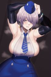 Rule 34 | 1girl, armpits, arms up, bare shoulders, blue eyes, blue headwear, blue necktie, breasts, brid (nikke), cero rains, clenched teeth, collared shirt, dangle earrings, earrings, elbow gloves, english text, gloves, goddess of victory: nikke, high-waist skirt, highres, jewelry, large breasts, mole, mole on breast, necktie, shirt, short hair, sideboob, skirt, solo, steam, sweat, teeth