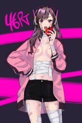 Rule 34 | 1girl, alternate eye color, apple, arm wrap, bad id, bad twitter id, bandaged arm, bandaged fingers, bandaged leg, bandages, bandaid, bandaid on hand, bandaids on nipples, black shorts, breasts, breasts apart, brown hair, buttons, collarbone, cowboy shot, d.va (overwatch), eyebrows, facial mark, finger wrap, food, fruit, hand on own hip, hand up, headphones, holding, holding food, holding fruit, jacket, leg wrap, long hair, navel, open clothes, open jacket, open mouth, overwatch, overwatch 1, pasties, pink eyes, pink jacket, ppu , short shorts, shorts, small breasts, solo, whisker markings