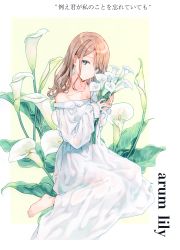 Rule 34 | 1girl, absurdres, aqua eyes, aqua nails, bare legs, bare shoulders, barefoot, bouquet, brown hair, collarbone, dress, earrings, flower, hands up, highres, hiten (hitenkei), holding, holding bouquet, jewelry, lily (flower), long hair, looking at viewer, nail polish, off-shoulder dress, off shoulder, original, see-through silhouette, sitting, smile, solo, toenail polish, toenails, white dress, white flower, yokozuwari