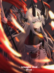 Rule 34 | 1girl, 9 vcat, ahoge, arknights, breasts, eyebrows hidden by hair, green eyes, hair between eyes, highres, holding, holding weapon, horns, jacket, long hair, looking at viewer, looking back, reed (arknights), silver hair, solo, sweater, upper body, weapon