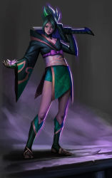 Rule 34 | 1girl, absurdres, alternate color, black kimono, bow, character request, check character, full body, green hair, green kimono, highres, holding, holding weapon, horns, japanese clothes, kimono, kong ling hai, league of legends, long sleeves, obi, over shoulder, parted bangs, pink bow, riven (league of legends), sash, single bare shoulder, single horn, solo, spirit blossom riven, standing, weapon, weapon over shoulder, wide sleeves