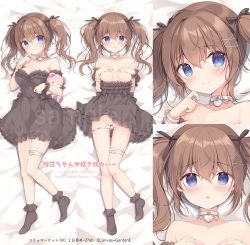 Rule 34 | 1girl, areola slip, bare shoulders, bed sheet, black dress, black socks, blue eyes, blush, bow, bow panties, breasts, brown hair, choker, closed mouth, collarbone, commentary request, covering privates, covering breasts, dakimakura (medium), dress, frilled dress, frilled socks, frills, hands up, highres, hugging object, long hair, lying, medium breasts, miyasaka miyu, multiple views, no shoes, on back, original, panties, panty pull, parted lips, sample watermark, smile, socks, strapless, strapless dress, stuffed animal, stuffed toy, teddy bear, translation request, twintails, underwear, watermark, white choker, white panties, x x