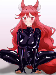 Rule 34 | 1girl, animal ears, blush, bodysuit, breasts, commentary request, flay (jitsuoresaikyo), full body, highres, jitsu wa ore saikyou deshita?, large breasts, latex, latex bodysuit, long hair, looking at viewer, red eyes, red hair, smile, solo, squatting, tail, timosan, white background, wolf girl