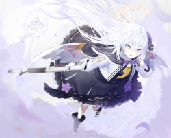 Rule 34 | 1girl, angel wings, assault rifle, azusa (blue archive), bannouyakunta, black dress, black footwear, blue archive, boots, commentary request, dress, feathered wings, floating hair, flower, full body, gun, hair flower, hair ornament, halo, hand up, highres, holding, holding gun, holding weapon, jewelry, long hair, long sleeves, looking at viewer, open mouth, purple eyes, purple flower, rifle, ring, shirt, solo, weapon, weapon request, white hair, white shirt, wings