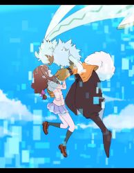 Rule 34 | 1boy, 1girl, artist request, bare legs, belt, blue sky, body fur, brown hair, rabbit, digimon, digimon (creature), digimon ghost game, furry, gloves, highres, looking at another, rabbit ears, rabbit tail, school uniform, shoes, size difference, skirt, sky, smile, symbareangoramon, tsukiyono ruli