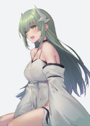Rule 34 | bare shoulders, black choker, breasts, choker, covered navel, detached sleeves, dress, fate/grand order, fate (series), green hair, grey background, horns, kiyohime (fate), long hair, medium breasts, open mouth, oukawa yuu, simple background, sitting, smile, solo, teeth, thighs, upper teeth only, white dress, yellow eyes