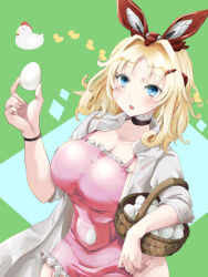 Rule 34 | 1girl, apron, artery gear, artery gear: fusion, basket, bird, black choker, blonde hair, blue eyes, blush, breasts, chicken, choker, egg, hair ornament, hairclip, highres, holding, holding basket, holding egg, jacket, komena (shinyday312), large breasts, long hair, open mouth, phoebe (artery gear), pink apron, white jacket