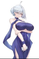 Rule 34 | 1girl, ahoge, alternate breast size, alternate hairstyle, arm under breasts, blue dress, blue eyes, breasts, cellphone, closed mouth, covered navel, cowboy shot, deterministic mixed concrete, dress, gundam, gundam suisei no majo, hair between eyes, hair bun, highres, holding, holding phone, huge breasts, looking at viewer, miorine rembran, official alternate hairstyle, phone, sash, simple background, single hair bun, sleeveless, sleeveless dress, smartphone, smile, solo, swept bangs, white background, white hair