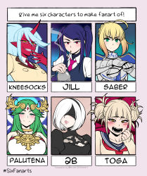 Rule 34 | 2b (nier:automata), 6+girls, ahoge, ancient greek clothes, armor, artoria pendragon (all), artoria pendragon (fate), black blindfold, blindfold, blonde hair, blue hair, blush, boku no hero academia, breasts, chiton, cigarette, cleavage, closed mouth, colored skin, fate (series), female focus, flask, formal, glasses, gradient background, green eyes, green hair, highres, horns, indigo hair, jam-orbital, kid icarus, kneesocks (psg), large breasts, lips, long hair, looking at viewer, matching hair/eyes, mole, mole under mouth, multiple drawing challenge, multiple girls, necktie, nier:automata, nier (series), nintendo, open mouth, palutena, panty &amp; stocking with garterbelt, pink eyes, pointy ears, purple hair, red skin, saber (fate), school uniform, sharp teeth, short hair, single horn, six fanarts challenge, smile, square enix, suit, teeth, toga himiko, upper body, white hair, yellow eyes
