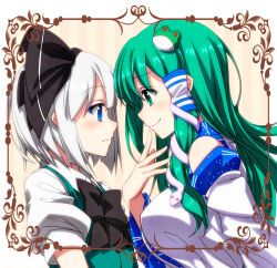 Rule 34 | 2girls, bare shoulders, black bow, black bowtie, black hairband, blue eyes, blush, border, bow, bowtie, braid, closed mouth, collar, collared shirt, dress, framed image, frog hair ornament, green dress, green eyes, green hair, hair between eyes, hair bow, hair ornament, hair tubes, hairband, hand to own mouth, kochiya sanae, konpaku youmu, long hair, looking at another, multiple girls, nontraditional miko, pink background, puffy short sleeves, puffy sleeves, sazanami mio, shirt, short hair, short sleeves, smile, snake hair ornament, striped, striped background, touhou, upper body, white border, white hair, white shirt, wide sleeves, yellow background, yuri