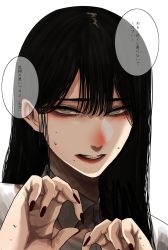 Rule 34 | 1girl, black hair, brown nails, fingernails, grey eyes, hands up, highres, hoshi san 3, long hair, looking at viewer, nail polish, open mouth, original, portrait, simple background, solo, sweatdrop, translation request, white background, yamifuka-san (hoshi san 3)