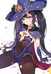 Rule 34 | 1girl, absurdres, black choker, black hair, blue eyes, blue hat, blue leotard, breasts, brown pantyhose, cape, choker, closed mouth, covered navel, detached sleeves, frown, genshin impact, gold trim, hat, highres, leotard, long hair, long sleeves, looking at viewer, mona (genshin impact), pantyhose, rikoma, simple background, sitting, small breasts, solo, strapless, strapless leotard, twintails, v-shaped eyebrows, very long hair, white background, witch hat