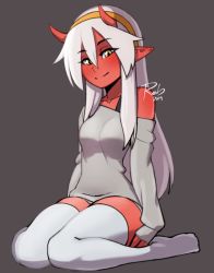 Rule 34 | 1girl, artist name, bare shoulders, breasts, closed mouth, collarbone, colored skin, dark-skinned female, dark skin, dated, demon girl, female focus, full body, grey background, grey sweater, hair between eyes, hairband, horns, li (rob ishi), long hair, long sleeves, looking at viewer, no shoes, off-shoulder sweater, off shoulder, orange hairband, original, pointy ears, red skin, rob ishi, signature, simple background, sitting, skinny, small breasts, smile, solo, sweater, thighhighs, thighs, wariza, white thighhighs, yellow eyes, zettai ryouiki
