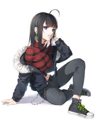 Rule 34 | 1girl, ahoge, arm support, bad id, bad pixiv id, black footwear, black hair, black jacket, black pants, blue eyes, breasts, candy, ear piercing, earrings, emyo, food, full body, fur collar, hand up, head rest, jacket, jewelry, large breasts, lollipop, long hair, long sleeves, looking at viewer, midriff, mouth hold, navel, off shoulder, open clothes, open jacket, original, pants, piercing, red shirt, shadow, shirt, shoes, sidelocks, simple background, sitting, sneakers, solo, star (symbol), striped clothes, striped shirt, white background