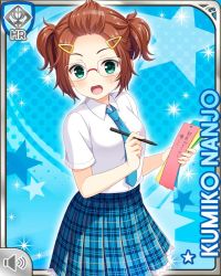 Rule 34 | 1girl, blue background, blue necktie, bookmark, brown hair, card, character name, girlfriend (kari), glasses, green eyes, hair ornament, hairclip, holding, japanese text, looking at viewer, nanjo kumiko, necktie, official art, open mouth, pen, plaid, plaid skirt, qp:flapper, school uniform, skirt, solo, surprised, tagme, twintails
