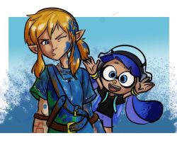 Rule 34 | 1boy, 1girl, belt, commentary, company connection, crossover, harness, headphones, ian samson, inkling player character, link, monster girl, nintendo, no headwear, one eye closed, paint, pointy ears, ponytail, sidelocks, splatoon (series), the legend of zelda, the legend of zelda: breath of the wild, twintails