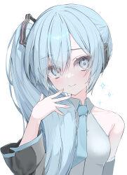 Rule 34 | 1girl, absurdres, arm at side, armpit crease, bare shoulders, black sleeves, blue eyes, blue hair, blue nails, blue necktie, blue trim, blush, breasts, closed mouth, collarbone, commentary request, detached sleeves, eyes visible through hair, grey shirt, hair between eyes, hair ornament, hair over shoulder, hand up, hatsune miku, hatsune miku (noodle stopper), highres, light blue hair, long hair, long sleeves, looking at viewer, meme, nail polish, necktie, omotikaeri, shirt, side ponytail, sidelocks, sidetail miku noodle stopper (meme), simple background, sleeveless, sleeveless shirt, small breasts, smile, solo, upper body, vocaloid, white background
