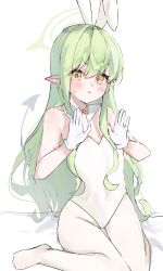 Rule 34 | 1girl, alternate costume, animal ears, bare shoulders, blue archive, blush, bow, bowtie, breasts, commentary, covered navel, demon tail, detached collar, fake animal ears, gloves, green hair, groin, hair between eyes, halo, hands up, highres, hikari (blue archive), leotard, long hair, no shoes, pantyhose, playboy bunny, pointy ears, rabbit ears, sidelocks, sitting, small breasts, solo, strapless, strapless leotard, sweatdrop, tail, thigh gap, v-shaped eyebrows, very long hair, wariza, white background, white gloves, white leotard, white pantyhose, yellow bow, yellow bowtie, yellow eyes, yuusaoconomi