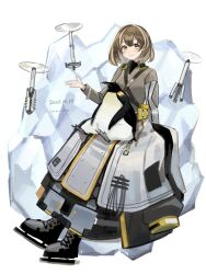 Rule 34 | 1girl, animal, animal on lap, arknights, bird, black footwear, brown hair, brown shirt, clothes around waist, commentary, dated, drone, full body, hand up, highres, ice, jacket, jacket around waist, k-yosinori, leaning back, long sleeves, looking at viewer, magallan (arknights), magallan (elite ii) (arknights), multicolored hair, on lap, open clothes, open jacket, penguin, shirt, signature, simple background, skates, smile, solo, streaked hair, white background, white hair, white jacket, yellow eyes