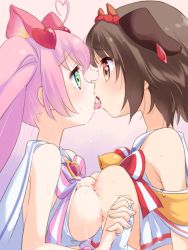 Rule 34 | 10s, 2girls, ahoge, animal ears, black hair, blush, breast press, breasts, cat ears, eye contact, female focus, french kiss, hair ornament, heart, heart hair ornament, holmy (show by rock!!), interlocked fingers, kiss, looking at another, multiple girls, nipples, pink hair, rosia (show by rock!!), saliva, show by rock!!, symmetrical docking, takano natsuki, tongue, yuri