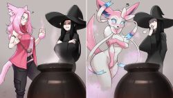 Rule 34 | 2girls, ?, absurdres, animal ears, aqua eyes, ass, black hair, blush, cauldron, creatures (company), female focus, furry, furry female, game freak, gen 6 pokemon, green eyes, hat, highres, huge ass, kittell, ladle, laughing, long hair, multiple girls, nintendo, original, pink hair, pokemon, potion, signature, simple background, smile, sylveon, tail, transformation, velt, witch, witch hat