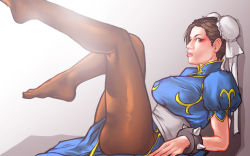 Rule 34 | 1girl, bracelet, breasts, brown eyes, brown hair, brown pantyhose, capcom, chinese clothes, chun-li, double bun, feet, hair bun, jewelry, leaning back, legs, no shoes, pantyhose, pelvic curtain, sitting, solo, spiked bracelet, spikes, street fighter, take (draghignazzo), thighs