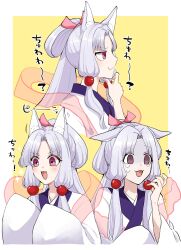 Rule 34 | 1girl, :3, animal ears, blush, border, catchphrase, closed mouth, commentary request, crying, crying with eyes open, curtained hair, ears down, ears up, empty eyes, excited, fox ears, fox girl, furrowed brow, grey hair, hagoromo, hair ribbon, hand on own chin, hand up, highres, japanese clothes, kimono, long hair, long sleeves, multiple views, open mouth, pink ribbon, ponytail, profile, red eyes, ribbon, scared, shawl, shiino (shi no q), sidelocks, simple background, sleeves past fingers, sleeves past wrists, sparkle, stroking own chin, tears, touhoku itako, translation request, v-shaped eyebrows, voiceroid, white border, white kimono, yellow background
