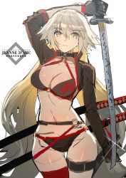 Rule 34 | 1girl, arm behind head, bikini, black bikini, black choker, black gloves, black jacket, breasts, choker, cleavage, commentary request, cropped jacket, facing viewer, fate/grand order, fate (series), gloves, hair between eyes, highres, holding, holding sword, holding weapon, jacket, jeanne d&#039;arc alter (swimsuit berserker) (fate), jeanne d&#039;arc (fate), jeanne d&#039;arc alter (fate), jeanne d&#039;arc alter (swimsuit berserker) (fate), katana, large breasts, long hair, looking at viewer, midriff, multiple swords, navel, o-ring, o-ring bikini, o-ring bottom, o-ring top, parted lips, red thighhighs, shrug (clothing), single thighhigh, siqi (miharuu), solo, swimsuit, sword, thigh strap, thighhighs, very long hair, weapon, white hair, yellow eyes