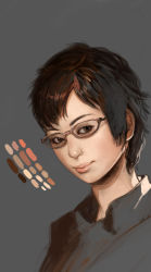 Rule 34 | black shirt, blouse, brown eyes, brown hair, color guide, glasses, grey background, hirooka masaki, portrait, realistic, shirt, short hair, simple background, solo, tagme