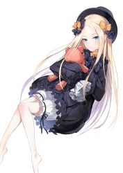 Rule 34 | 1girl, abigail williams (fate), bad id, bad twitter id, barefoot, black bow, black dress, black hat, black ribbon, blonde hair, blue eyes, blush, bow, dress, emyo, fate/grand order, fate (series), floating hair, hair bow, hat, holding, holding stuffed toy, long hair, looking at viewer, orange bow, parted lips, polka dot, polka dot bow, ribbon, ribbon-trimmed shorts, ribbon trim, short shorts, shorts, simple background, sleeves past wrists, solo, stuffed animal, stuffed toy, teddy bear, very long hair, white background, white shorts