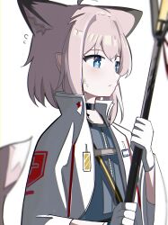 Rule 34 | 1girl, absurdres, animal ear fluff, animal ears, arknights, black choker, blue dress, blue eyes, blush, brown hair, choker, closed mouth, dress, flying sweatdrops, fox ears, fox girl, fox tail, gloves, highres, holding, jacket, long sleeves, open clothes, open jacket, pointy ears, simple background, solo, spam (spamham4506), sussurro (arknights), sweat, tail, white background, white gloves, white jacket, wide sleeves
