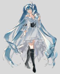 Rule 34 | 1girl, absurdres, aqua eyes, bare shoulders, black bow, black footwear, blue hair, boots, bow, closed mouth, collarbone, commentary, corset, dress, expressionless, full body, gloves, grey background, hair between eyes, half gloves, hand up, hatsune miku, high heel boots, high heels, highres, knee boots, labroiy, long hair, looking at viewer, off-shoulder dress, off shoulder, simple background, snowflake print, solo, twintails, very long hair, vocaloid, white dress, white gloves, wide sleeves, wing hair ornament, yuki miku, yuki miku (2018) (candidate no.5)