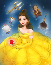 Rule 34 | 1girl, ano (sbee), artist name, bare shoulders, beauty and the beast, belle (disney), blue background, brown eyes, brown hair, candle, candlestand, cup, disney, dress, duster, earrings, elbow gloves, feather duster, flower, gloves, glowing, glowing flower, hair bun, jewelry, long hair, looking at viewer, rose, single hair bun, smile, solo, solo focus, sparkle, sparkle background, teacup, teapot, watch, yellow dress