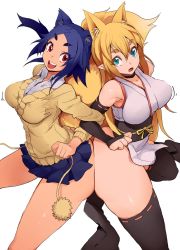 Rule 34 | 2girls, :d, animal ears, aqua eyes, aruko (nac000), ass, ass-to-ass, ass press, bare shoulders, black legwear, blonde hair, breasts, bridal gauntlets, cardigan, curvy, eyebrows, fang, female focus, fox ears, fox tail, highres, huge ass, jpeg artifacts, large breasts, locked arms, long hair, looking at viewer, multiple girls, nac000, open mouth, original, pointy ears, short hair, simple background, skirt, smile, tail, thick eyebrows, thick thighs, thighhighs, thighs, white background, wide hips